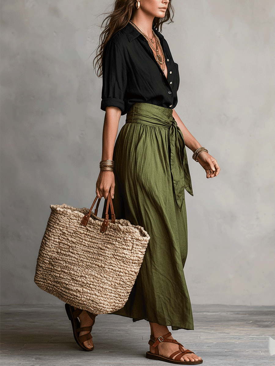 Amelie | Ensemble Blouse Bohème & Jupe Midi Satinée