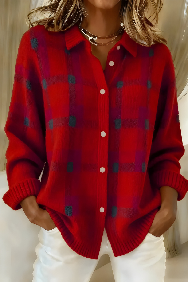 Cardigan Sidonie en maille à carreaux coloris Rouge