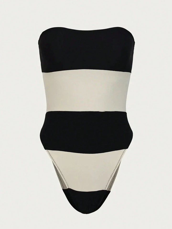 Céleste Femme Combinaison Sans Épaule | Jambes Hautes, Rayures Contrastées 1
