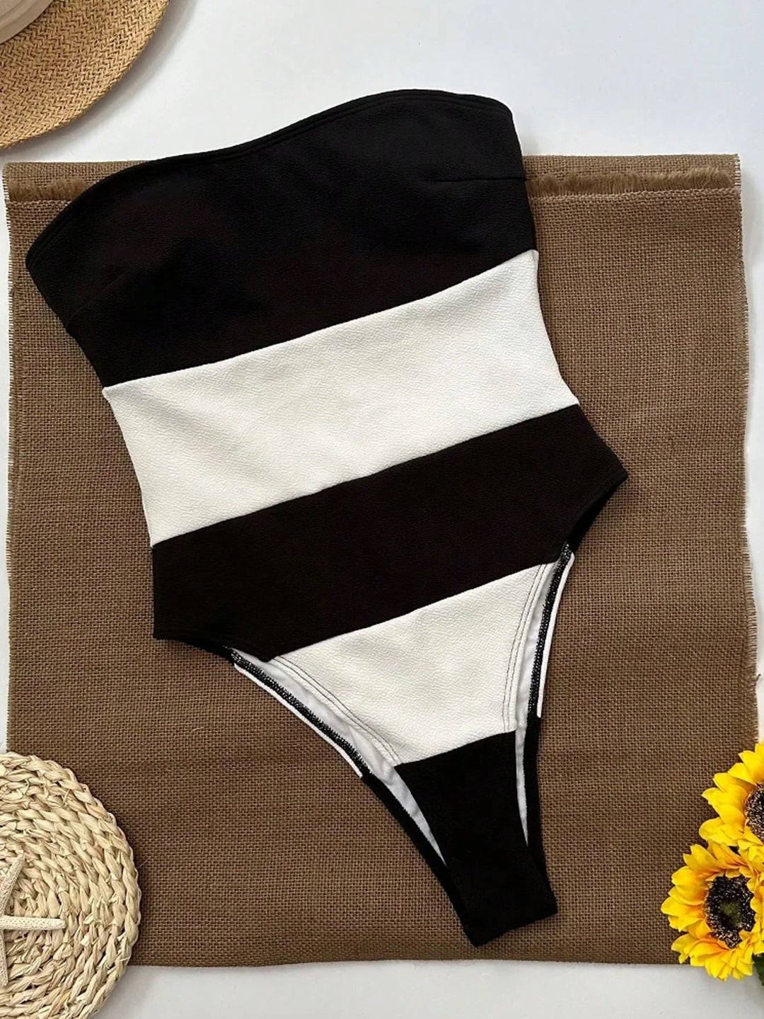 Céleste Femme Combinaison Sans Épaule | Jambes Hautes, Rayures Contrastées 2