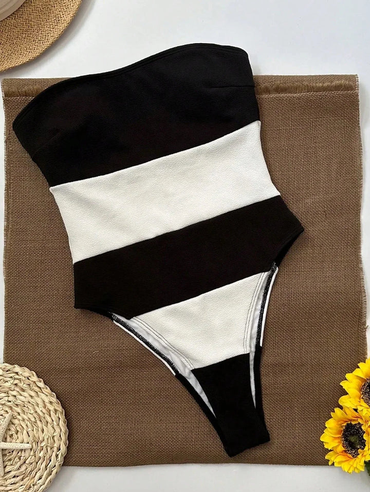 Céleste Femme Combinaison Sans Épaule | Jambes Hautes, Rayures Contrastées 2