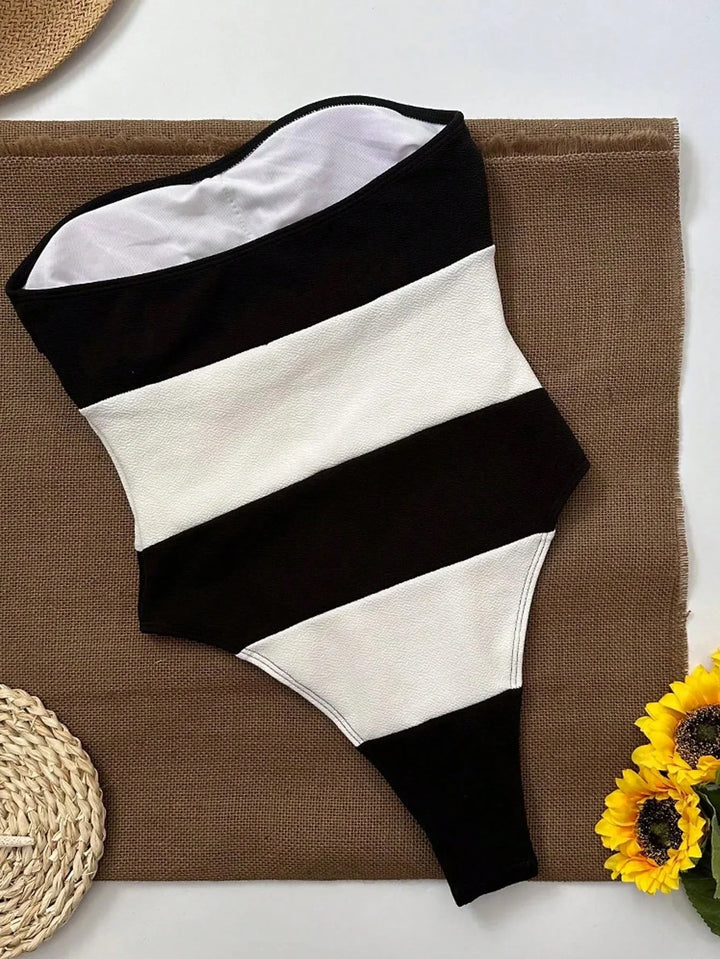 Céleste Femme Combinaison Sans Épaule | Jambes Hautes, Rayures Contrastées 3