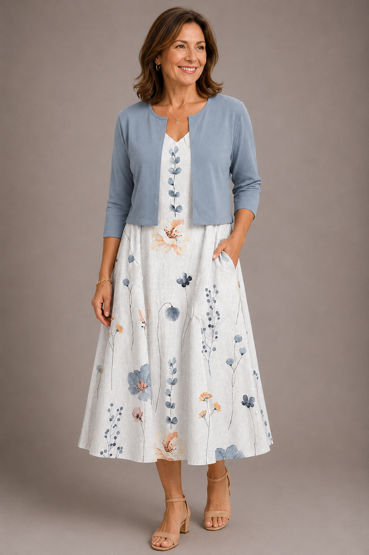 Guilaine | Ensemble robe fleurie et cardigan léger