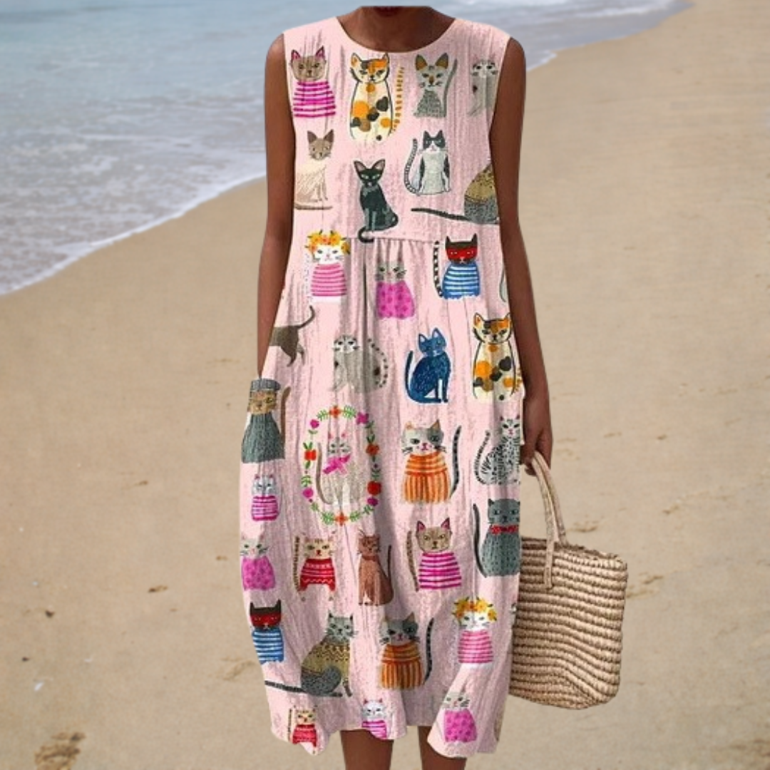 Robe Midi Imprimé Chat ? Élégance Naturelle et Confort Estival 0