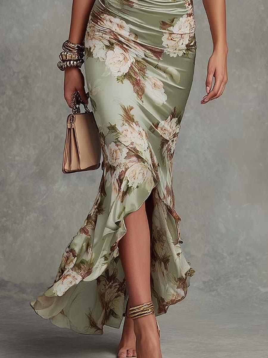 Anastasia | La robe longue en satin à l'imprimé floral enivrant