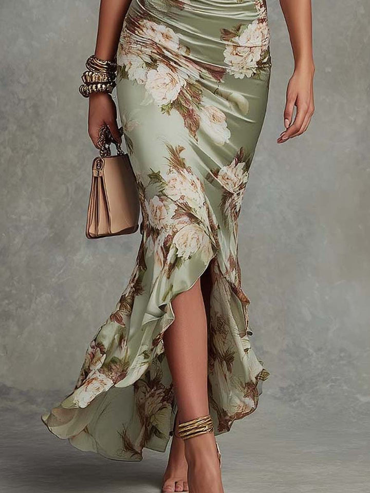 Anastasia | La robe longue en satin à l'imprimé floral enivrant