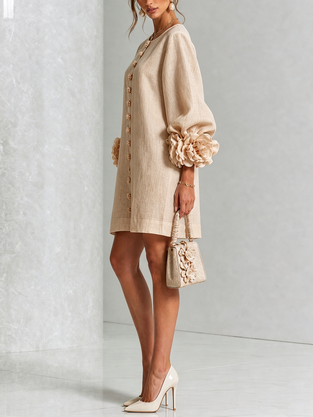 Robe chemise courte a imprime floral Diane - Beige