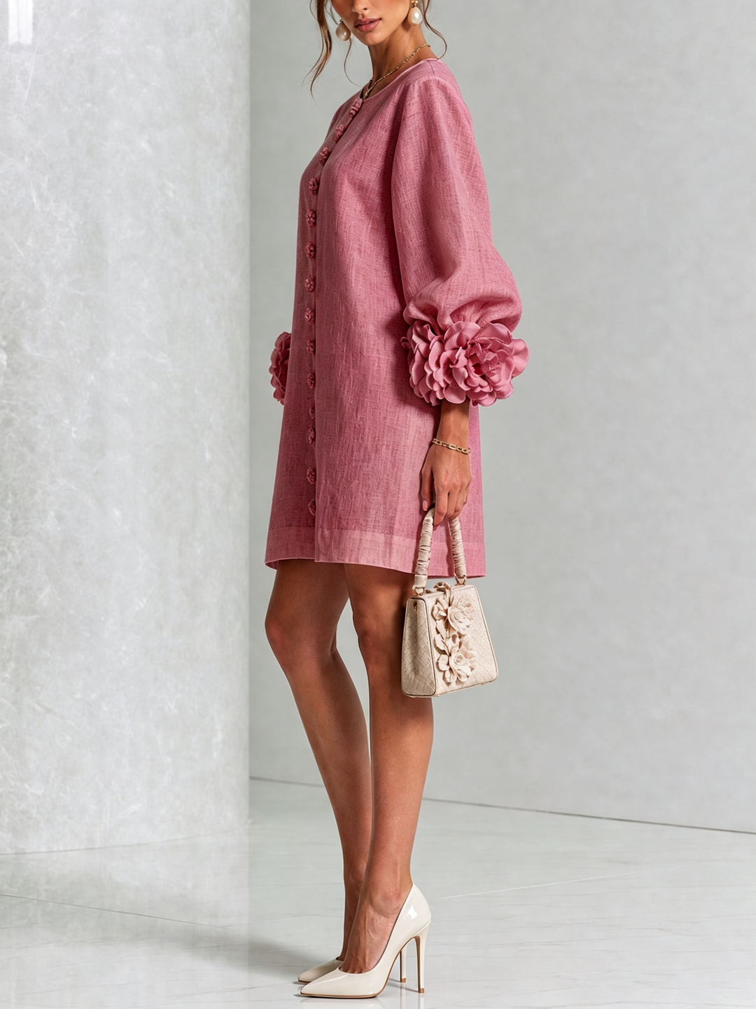 Robe chemise courte a imprime floral Diane - Vieux rose